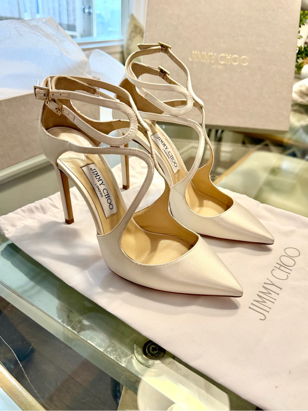 Jimmy Choo Lancer 100 Ivory Satin Heels Bridal Wedding Pumps EU 38.5 / US 8.5